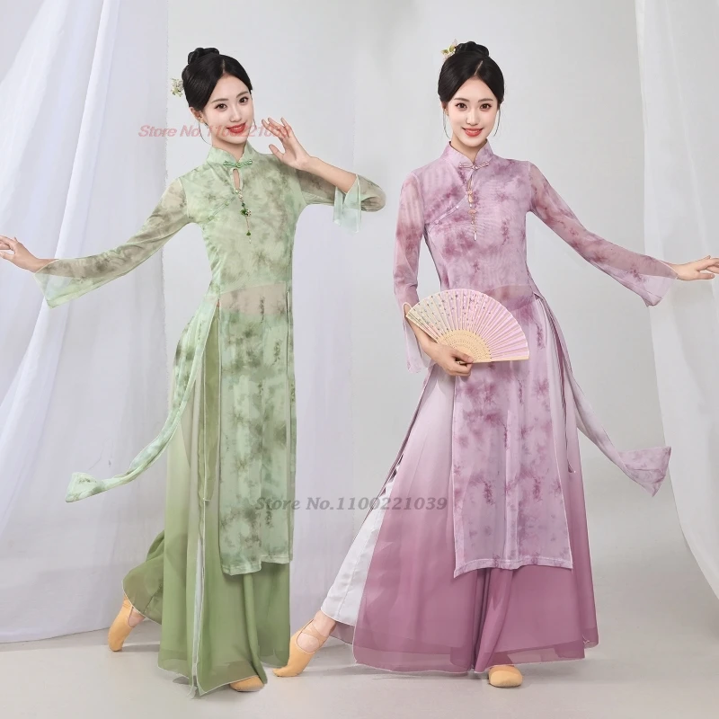 

2026 chinese vintage dance folk dress traditional flower print mesh qipao tops+pants set training exercise performance cheongsam