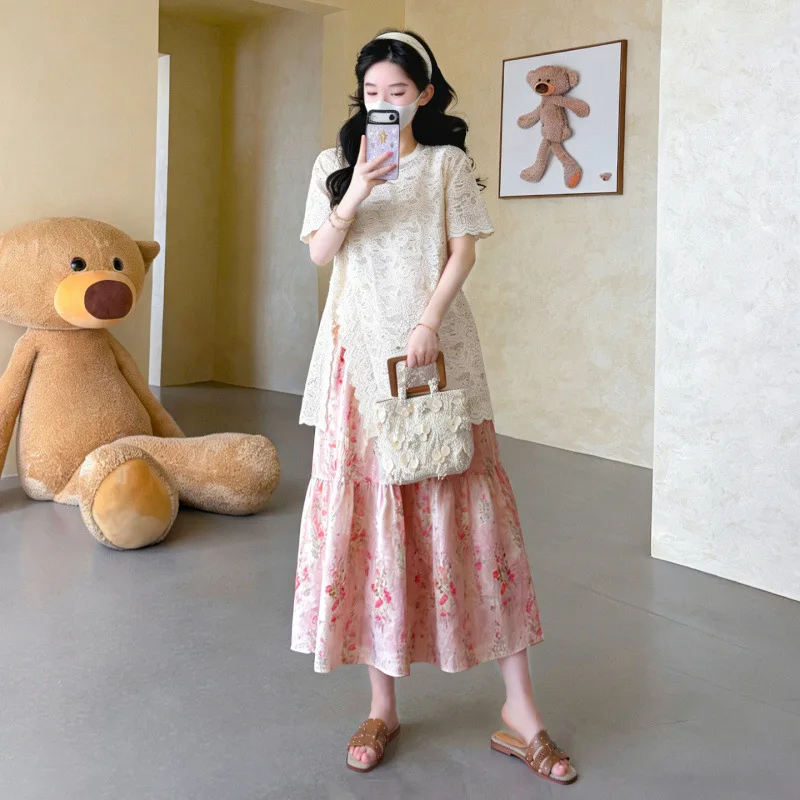 

Maternity Suit Summer Elegant Gentle Temperament 2026 Lace Short Sleeve Top and Floral Print Skirt for Pregnant Women