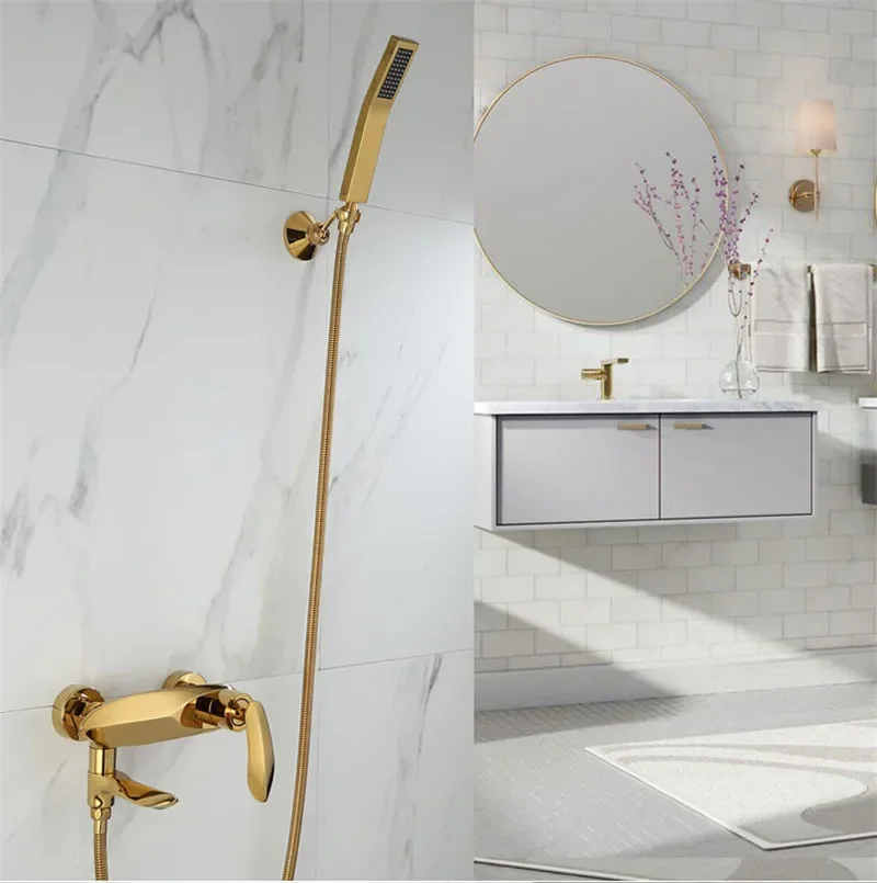 

Bathtub Shower Set Wall Mounted Gold Bath and Faucet, Bathroom Cold and Hot and Mixer Tap Brass