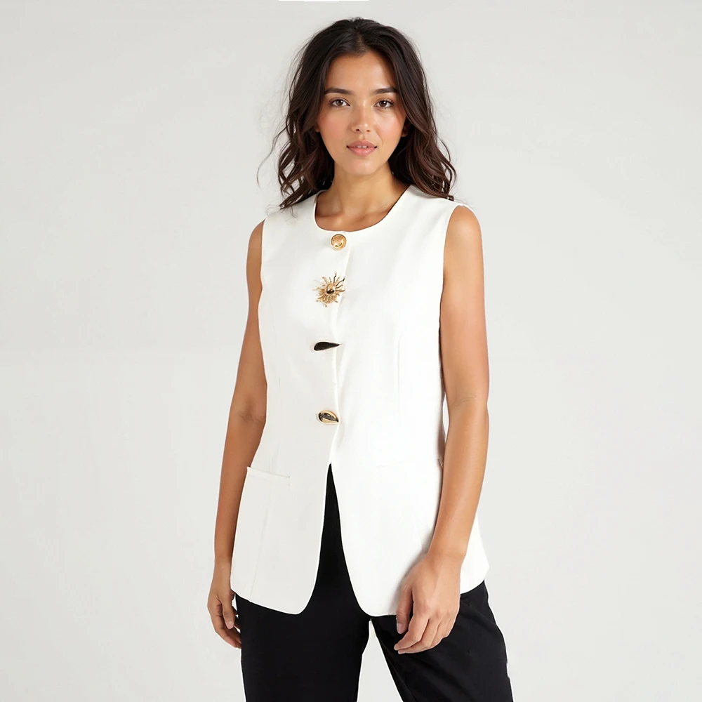 

Solid Spliced Button Slimming Vests For Women O Neck Sleeveless Tunic Temperament Vests Female Fashion Style New