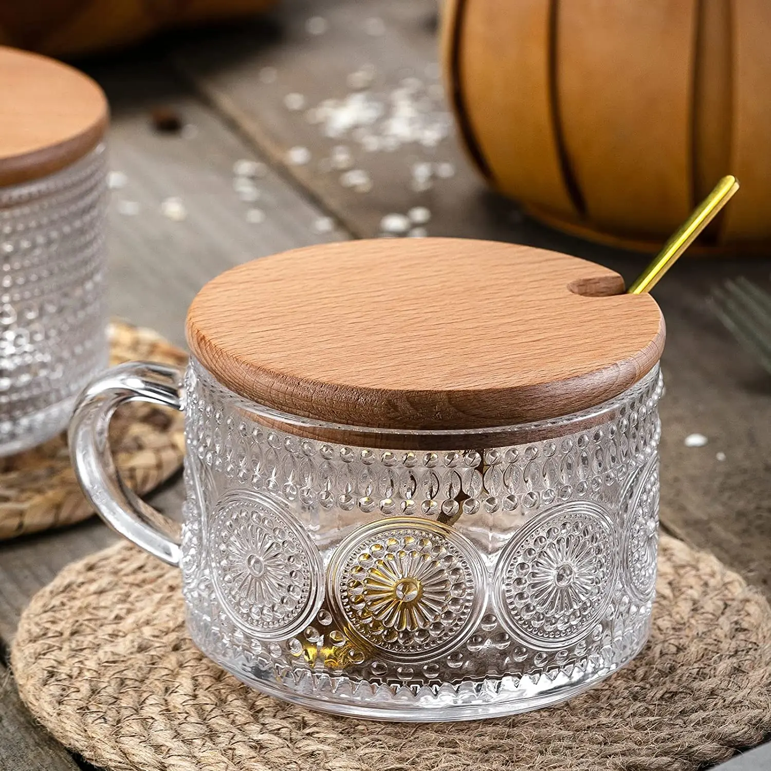 Retro Nordic Style Glass Cups Embossed Cup  With Handle Coffee Glass Cup Oatmeal Breakfast Mug