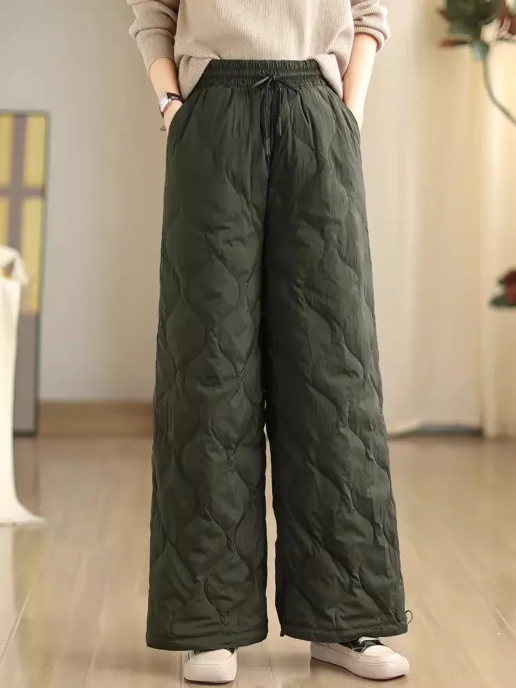 

Vintage Quilted Thick Warm Trousers 2024 New Winter Cotton-Padded Straight Pants Drawstring Windproof Wide Leg Pants for Women