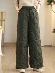 Vintage Quilted Thick Warm Trousers 2024 New Winter Cotton-Padded Straight Pants Drawstring Windproof Wide Leg Pants for Women