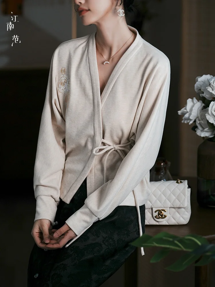 

Новая китайская женская вязаная кофта с V-образным вырезом в стиле Тан, обновленный костюм Ханьфу, мода Цзяннань, с коротким рукавом и длинным воротником