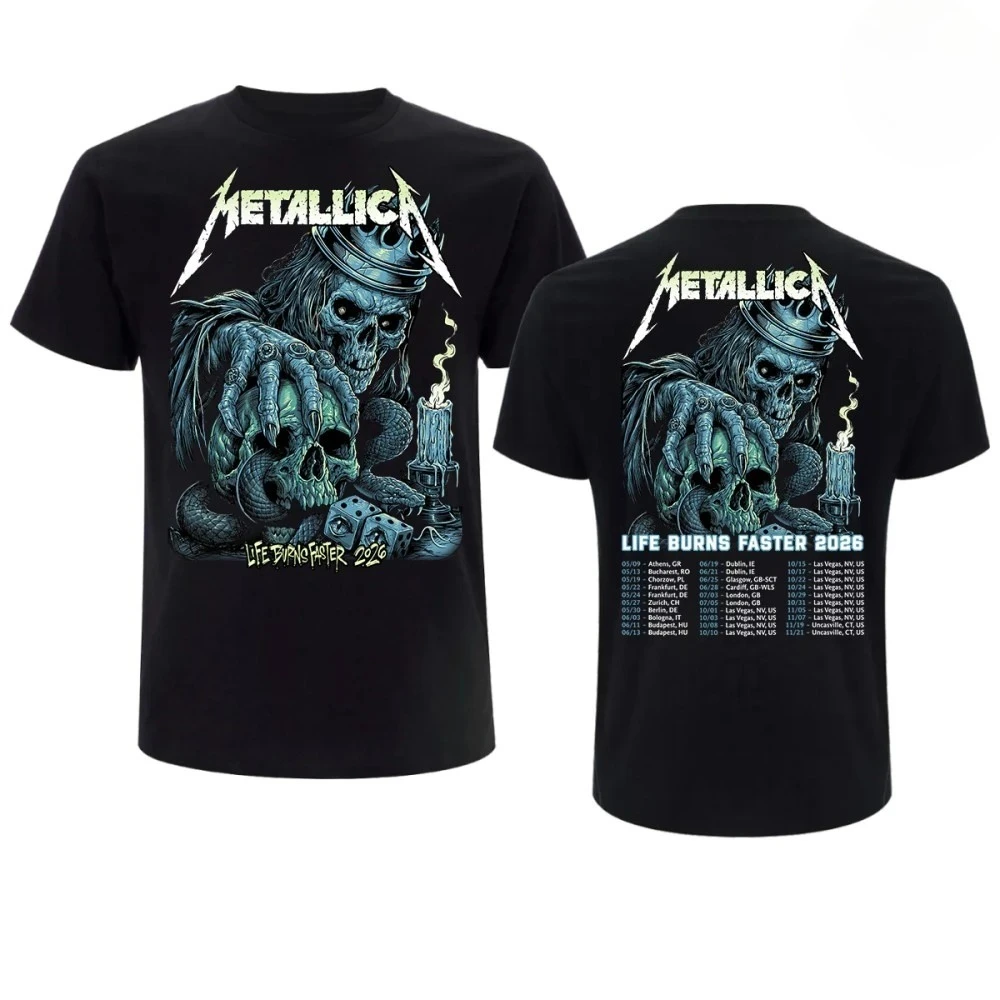 Metallica 2026 Las Vegas Tour Tshirt Life Burns Faster Skull King Double Sided Print Unisex Rock Heavy Metal Band Short Sleeve