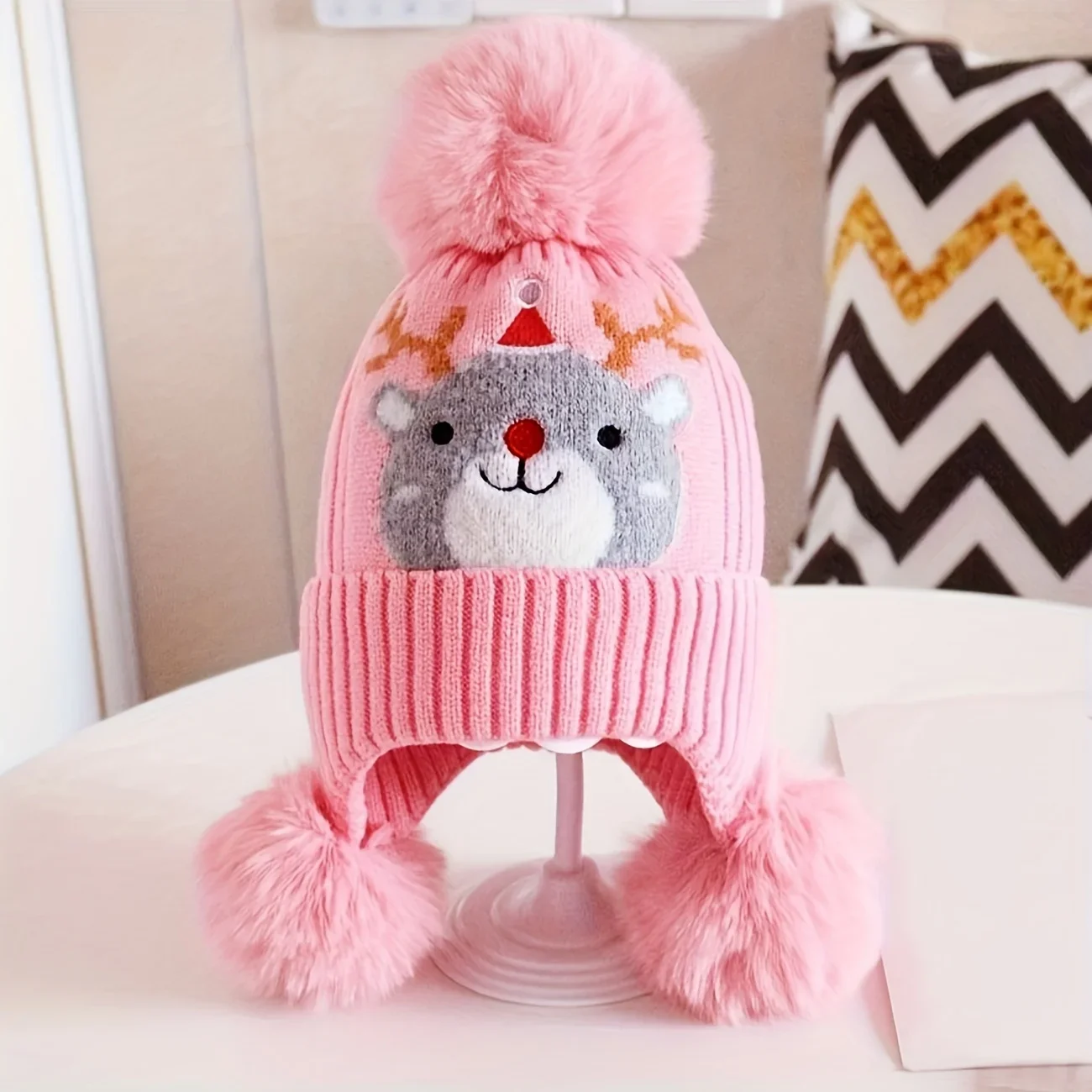 قبعة صغيرة للشباب تحت عنوان إلك عيد الميلاد - أغطية رأس شتوية دافئة وناعمة وقابلة للتمدد ورفعات أذن قابلة للفصل وبوم للأولاد والبنات