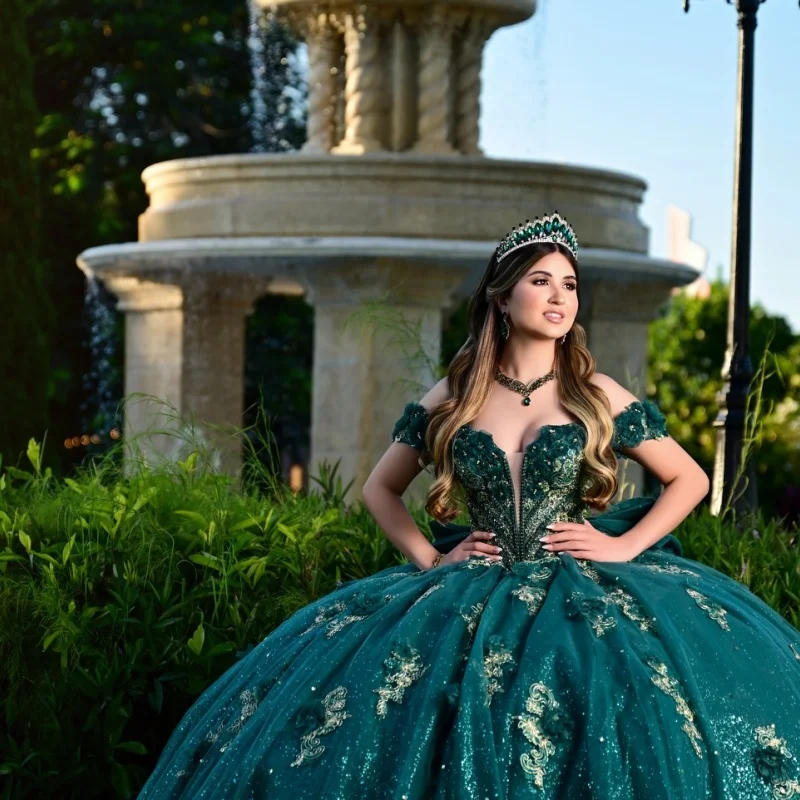 

Shiny Dark Green Quinceanera Dress off-shoulder Glitter 3D Flower Decal Long tail Bow vestidos de 15 Quinceanera ﻿Customized