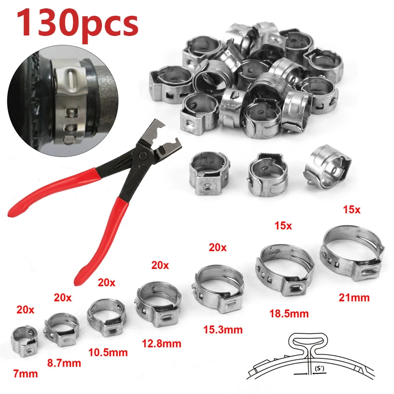 130 pièces colliers de serrage en continu à une oreille + 1 pince de serrage de pince de serrage de tuyau 7-21mm 304 colliers de serrage en acier inoxydable cintré anneaux de serrage