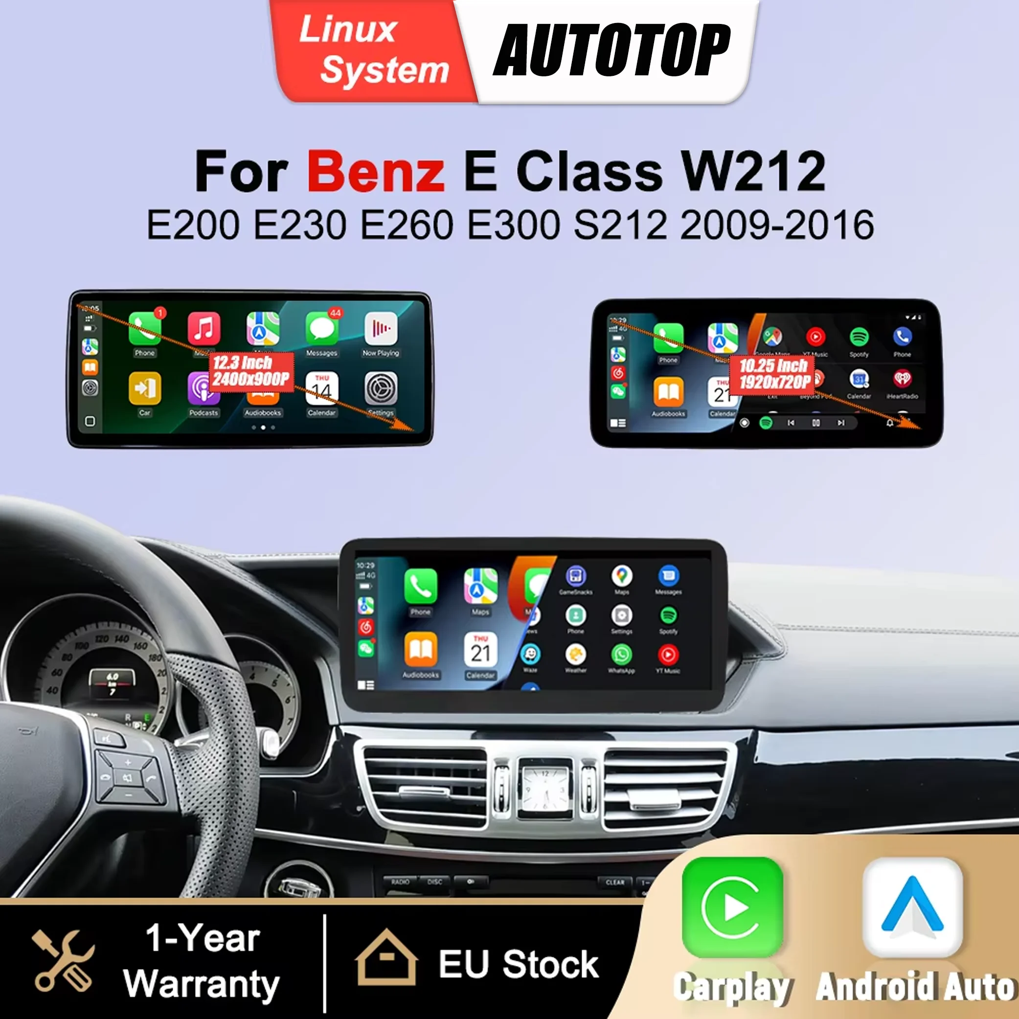 Autoradio multimédia Linux CarPlay pour Apple, 10,25'' et 12,3'', pour Mercedes-Benz Classe E W212 S212 2009-2016, Android Auto, BT, stéréo