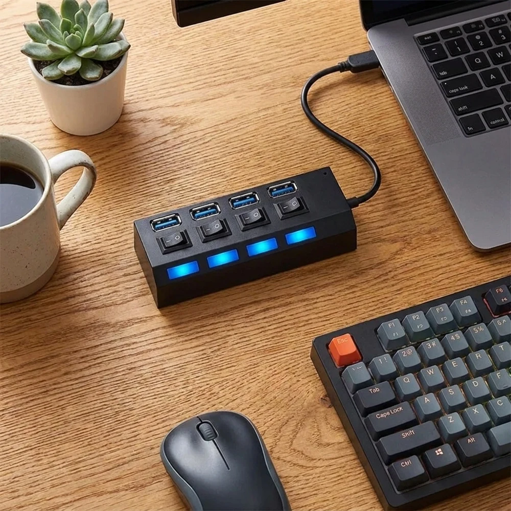

4 Port USB 2.0 Adapter Hub with LED Lights Independent Power Switches High Speed Data Transmission Portable Hub for Computers Ta