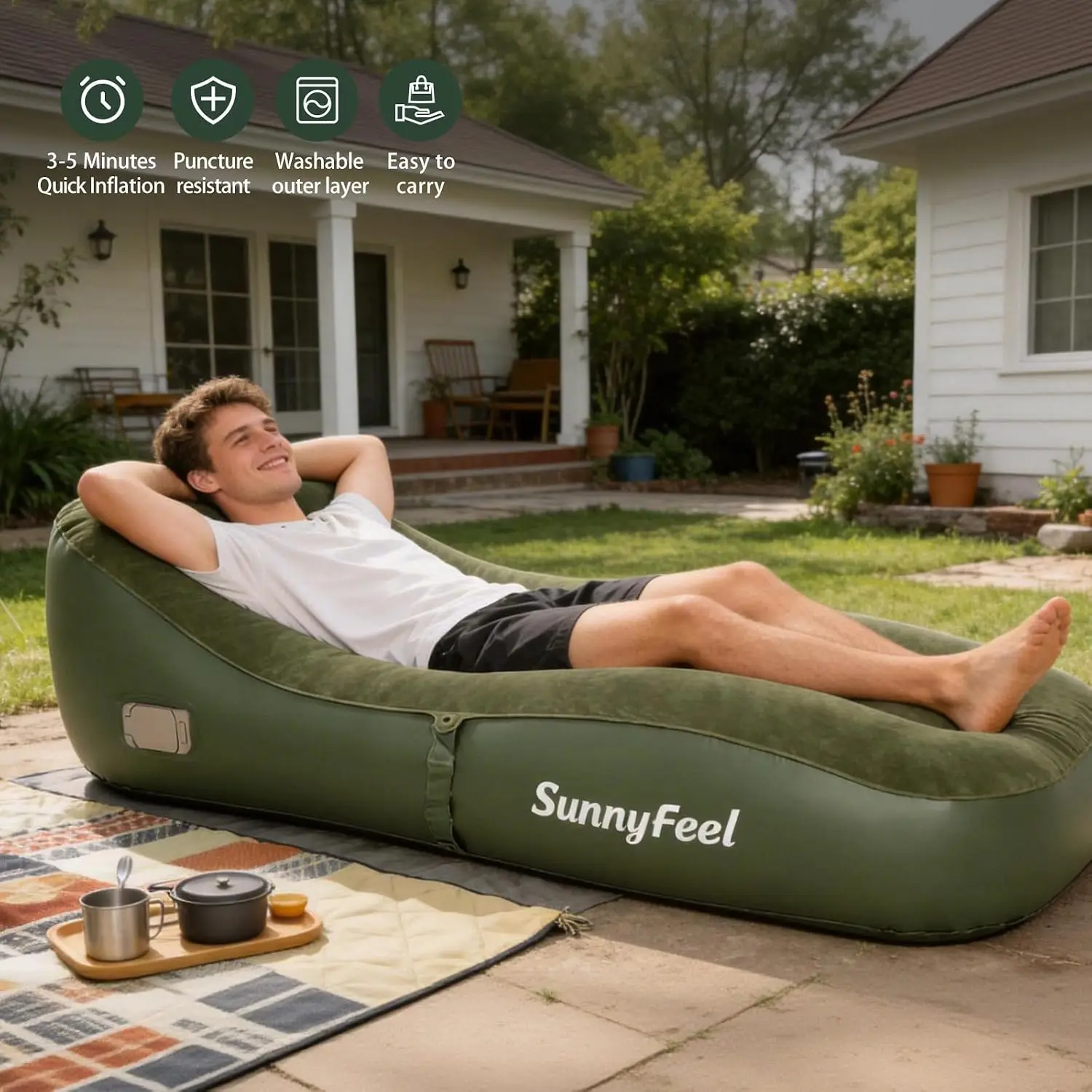 Inflatable Lounge Chair, Self-Contained Air Pump Included