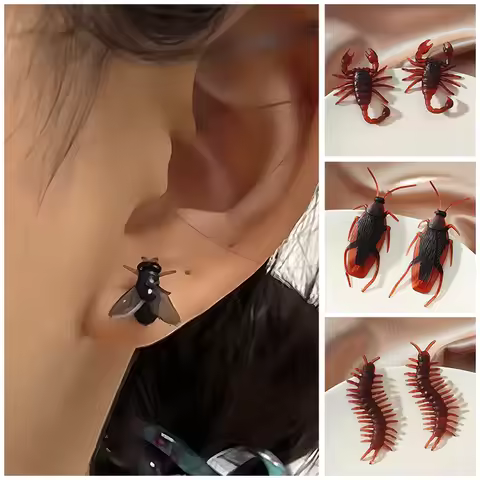 Funny Prank Flies Earrings Realistic Insect Cockroaches Centipede Halloween Spider Earrings Cosplay Party Costume Jewelry Access