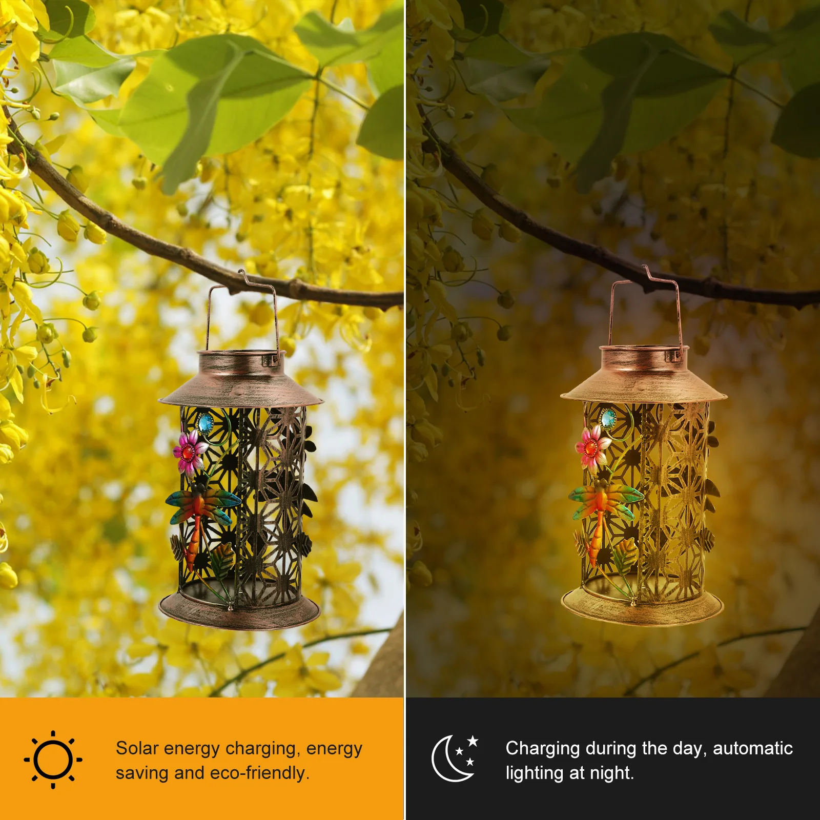 

Solar Dragonfly Pattern Hanging Lantern Hollow-Out Garden Lamp Iron Craft Chic Unique Pendant Light Decor Outdoor Night Light