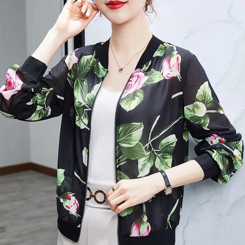 Kích Thước M-5XL Chiffon Hoa Hồng In Áo Khoác Mùa Xuân Hè Áo Khoác Mỏng Cardigan Nữ Lưới Dài Cao Cấp Người Phụ Nữ Quần Áo