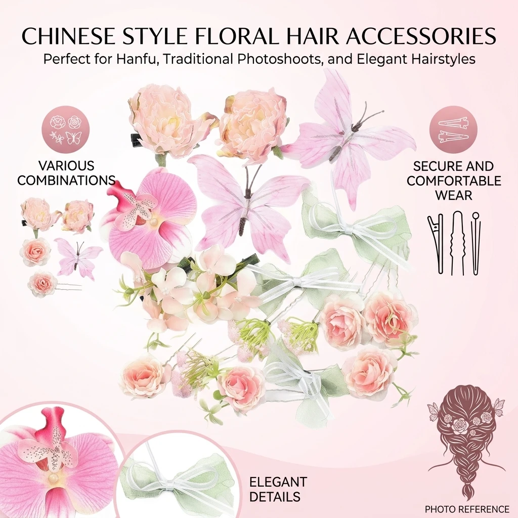 Exquisite Hair Accessory Silk Flower Chignon Pin for Hanfu Cosplay Vintage Traditional Chinese Headpiece Elegant Jewelry