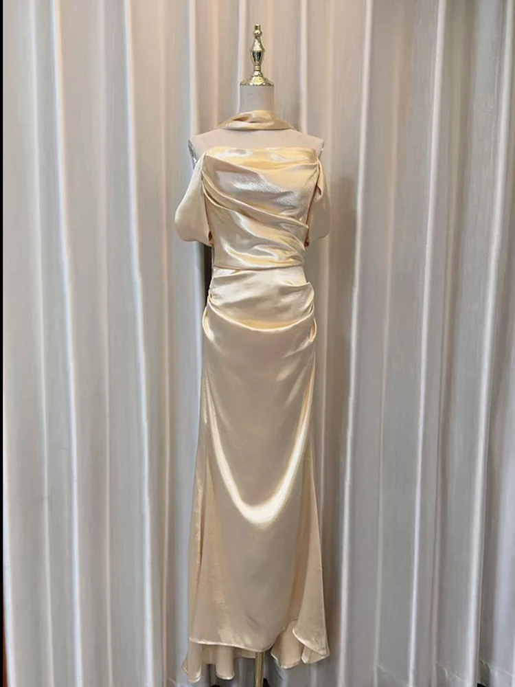 REDDACHiC シンプルなゴールドサテンパーティードレス女性光沢のあるスカーフネックレースアップマキシロングコルセットイブニングドレスロイヤルスタイルフォーマル服