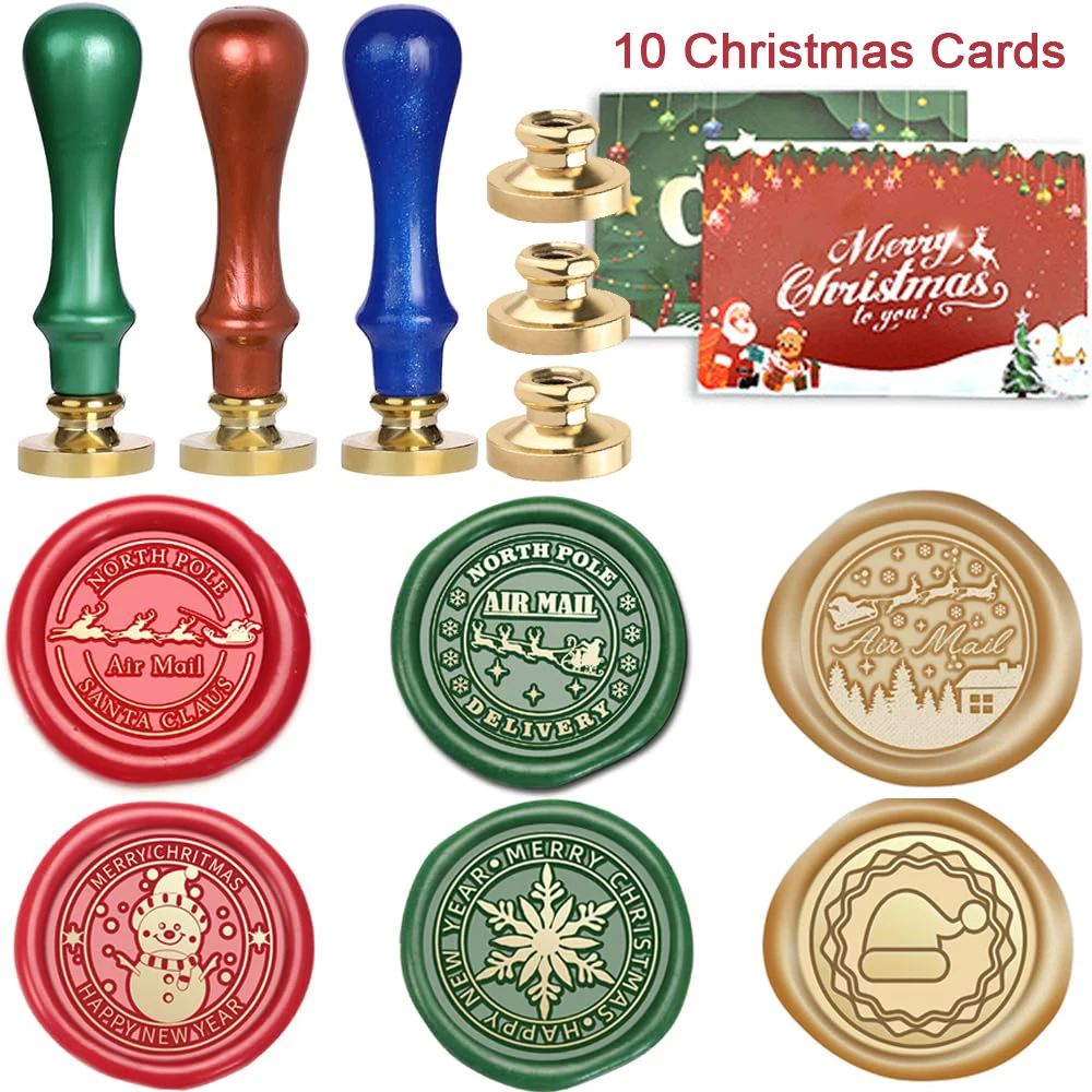 

6Pcs Christmas Wax Seal Stamp Brass Head 3 Colors Handle Greeting Card for Diy Xmas Envelope Invitation Paper Card Gifts Craft