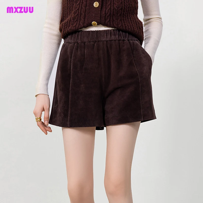 Retro Fashion Real Suede Shorts Spring Women Sheepskin Elastic Waist Pocket Slim Versatile A-Line Short Pants Casual Daily Wear