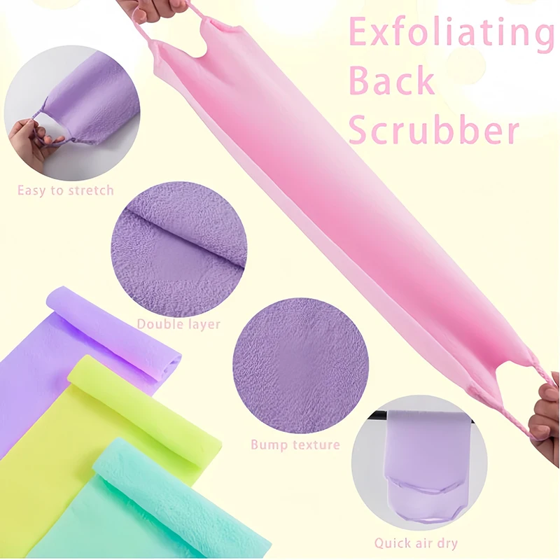 4Pcs Shower Exfoliating Towel Back Scrubber with Handle Soft Nylon Exfoliating Washcloth for Body Clean Skin Massage