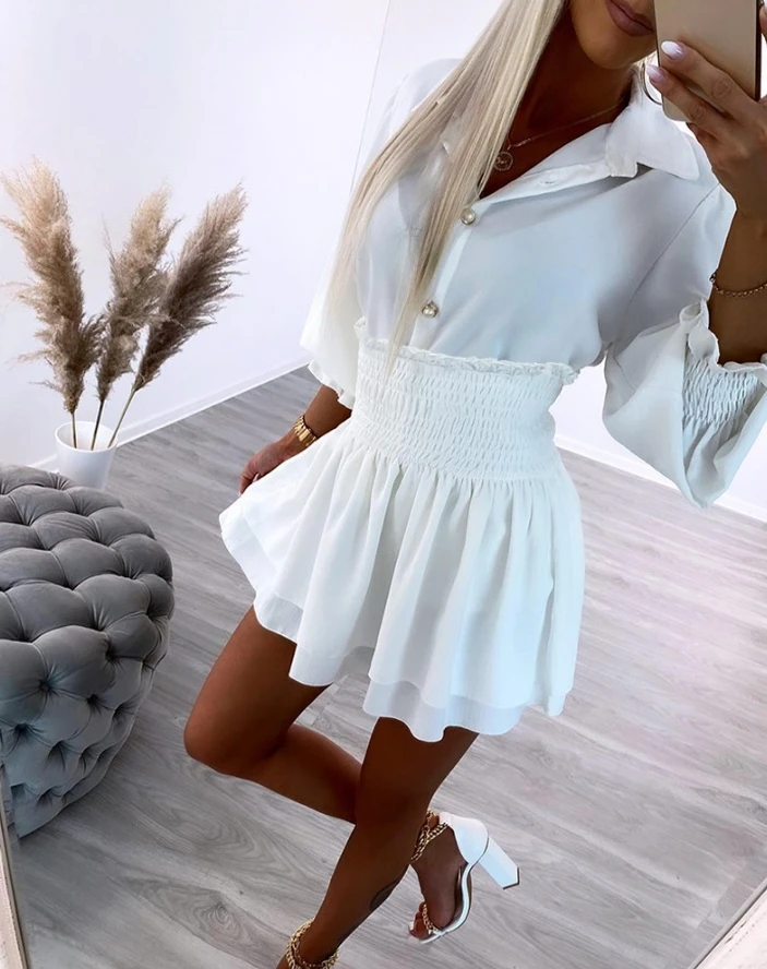 Casual Two Pieces Set for Women 2024 Summer Long Sleeve Knotted Shirred Button Shirt Crop Top&Layered Mini Skirt Set Solid Color