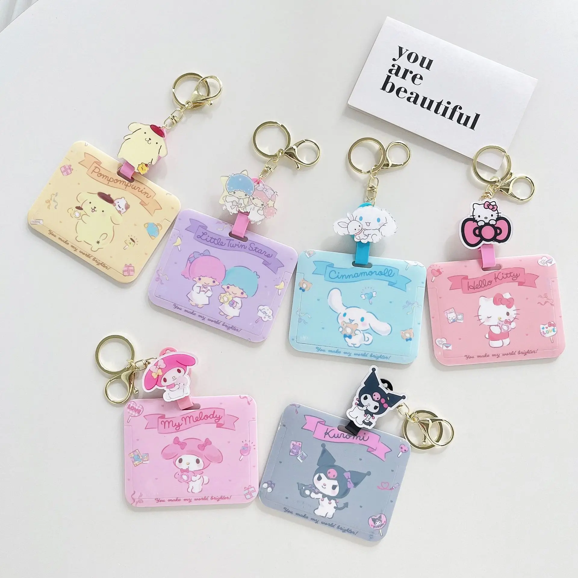 Cartoon Sanrio Kuromi Melody Keychain Cute Bus Card Holder Student ID Card Cover Collectible Keyring Ornament Doll Gift