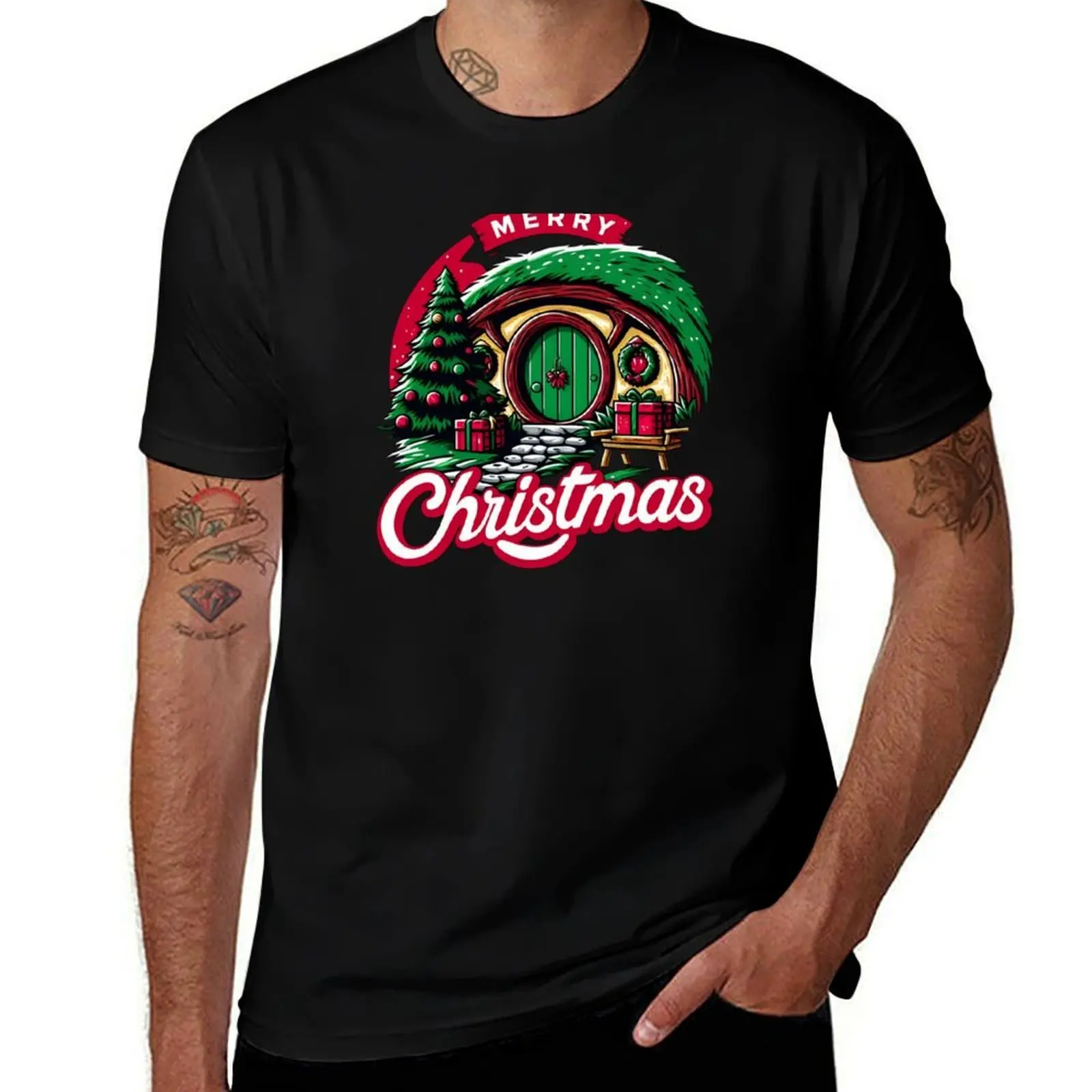 

Merry Christmas - Festive Halfling Hole with Tree and Presents - Fantasy Christmas T-Shirt anime tshirt T-Shirt