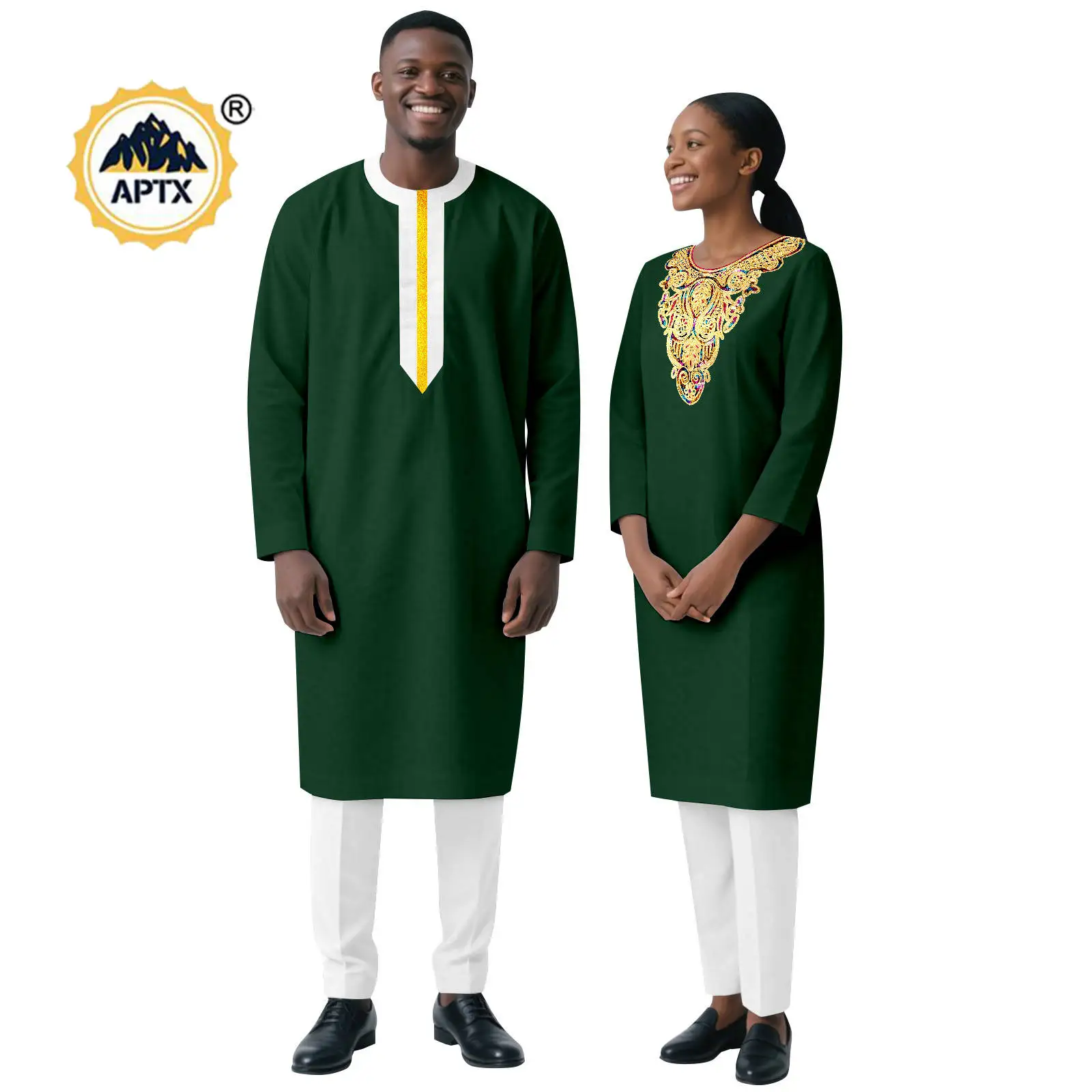 

African Appliques Long Suit for Women Matching Couples Outfits Dashiki Men Top and Pants Sets Bazin Riche Wedding Wear 25C062
