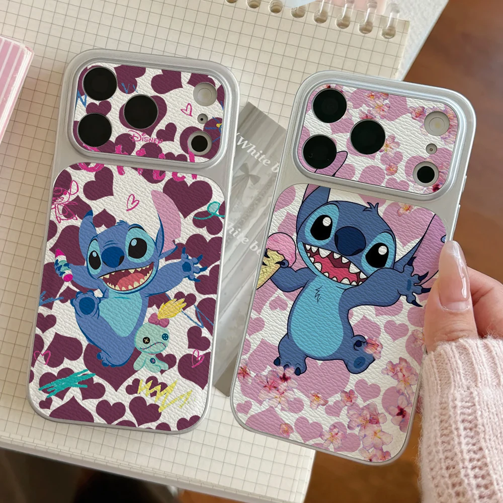 

Disney Lilo Stitch Couples Phone Case For IPhone 17 16 15 14 Electroplated Leather Shockproof Phone Accessories 13 12 11 Casing