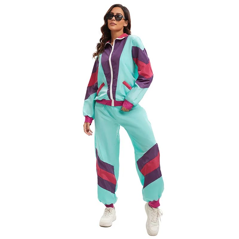 

Women Tracksuit Costume 80s 90s Suit Party Accessories Disco Jacket Trousers Outfit Hip Hop Shell Suit Costume Sets