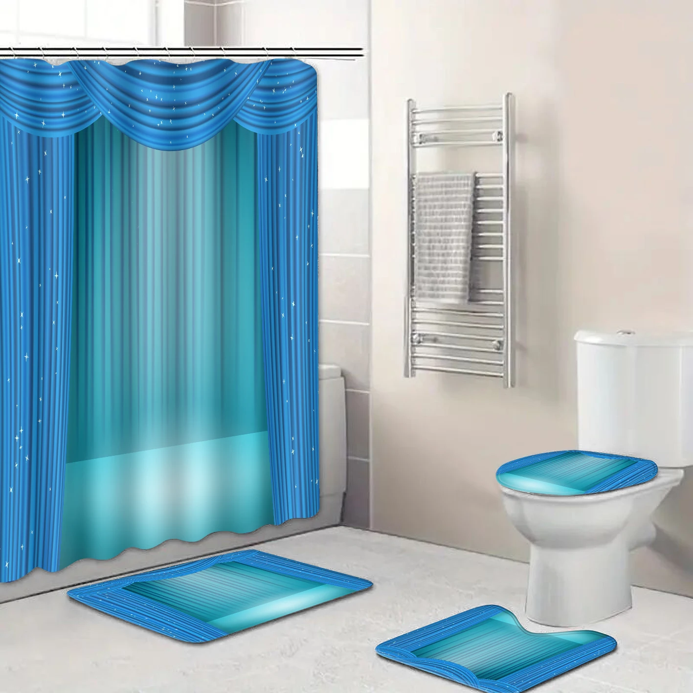 1pc/4pcs star stage shower curtain, polyester waterproof and mold-proof flash bathroom set accessories