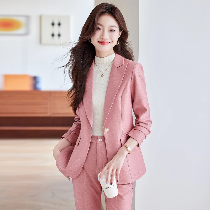 NAVIU Office Lady Formal Pant Suits 2 Piece Set Women Pink Black Apricot Female Long Sleeve Business WorkWear Blazer And Trouser