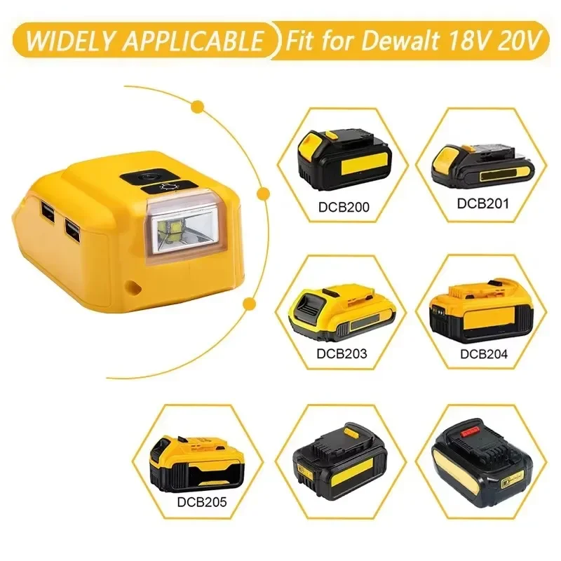 Portable Power Converter USB Adapter with 140lm LED Work Light for Dewalt 18V 20V Li-ion Battery with USB Type-C DC 12V