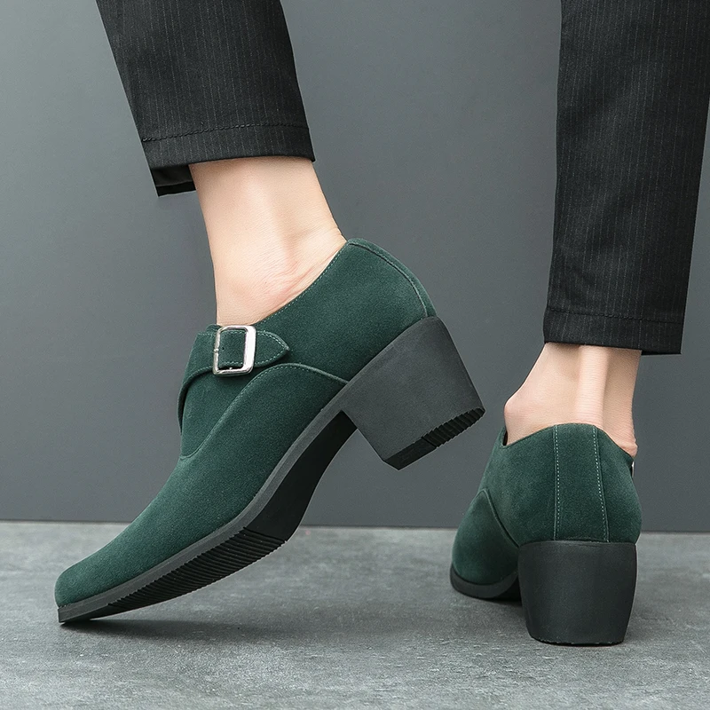 

Brand Comfortable Buckle High-heeled Leather Shoes Fashionable Men's Height Increasing Suede Shoes Banquet Dancing Leather Shoes