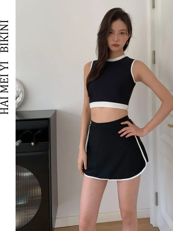 

Hamiyi New Style Women's Bikini Swimsuit Thermal Vacation Beach Play Fitness round Neck Nylon Material Cover up High Waist