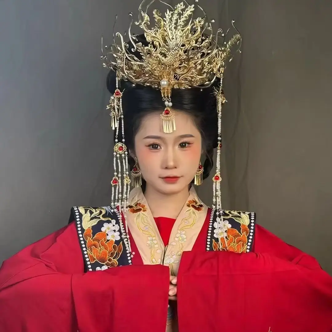 Golden Large Phoenix Crown Chinese Vintage Style Ancient Costume Hair Accessory Grand Classical Hanfu Wedding Long Tassels