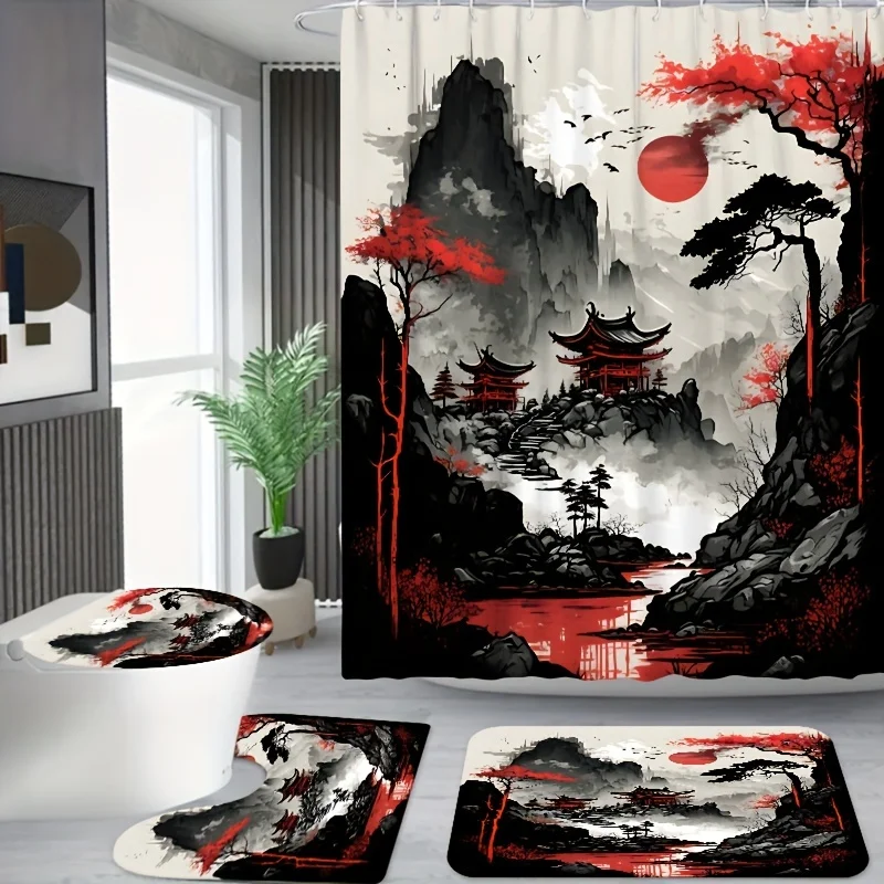 4pcs Oriental Ink Landscape Bathroom Set, Includes Shower Curtain (179.83x179.83 Cm) And Matching Toilet Mats, Traditional A