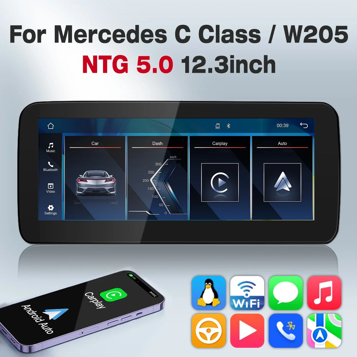 

12.3" Linux System For Mercedes Benz C GLC Class W205 NTG 5.0 Carplay Android Auto Screen GPS Navigation Multimedia Player