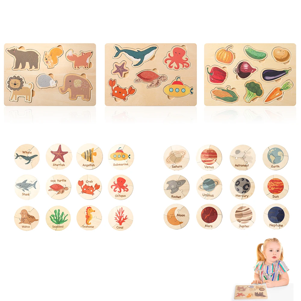 Baby Montessori Toys Wooden Puzzle Board Marine Land Animals Plant Puzzle Children Cognition Education Educational Toys Kid Gift