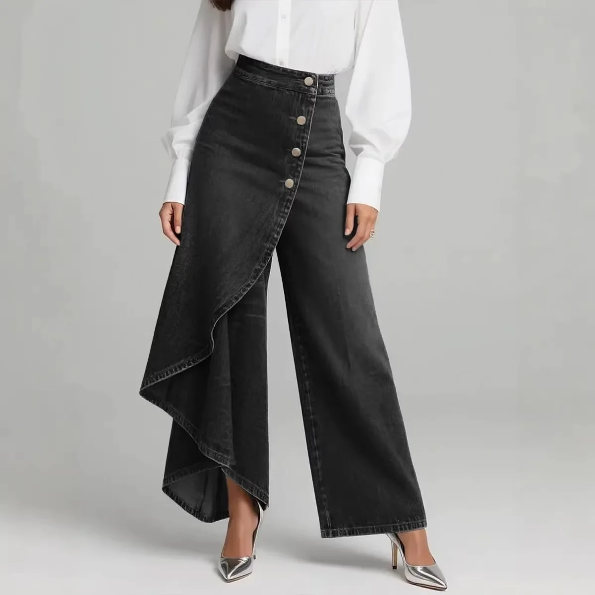 Light Blue Denim Style Button Front Skinny Pants Women's Casual Slim Trousers