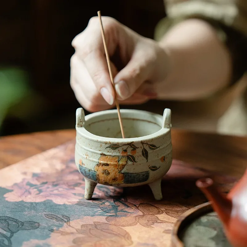 New Chinese Hand-Painted Ceramic Incense Burner Cat Orange Cat with Persimmon DesignCenser Home Fragrance Decor Aromatherapy