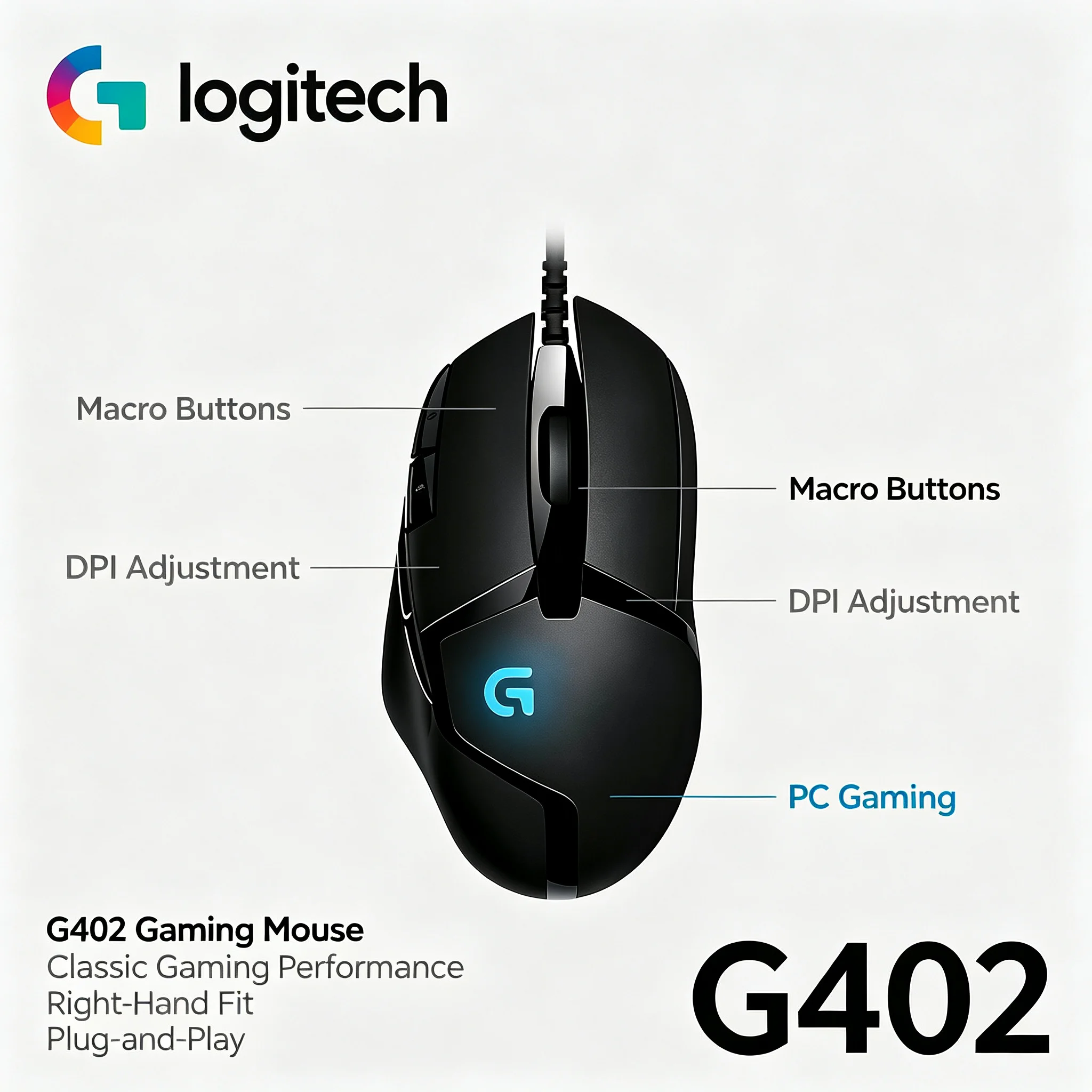 Logitech G402 Gaming Mouse Hyperion Fury Wired Mice 4000DPI High Speed Tracking For Game