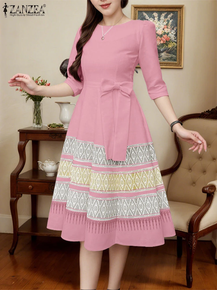 ZANZEA 2025 Herbst Elegante Frauen Midi Sommerkleid 3/4 Hülse Lange Kleider Oansatz Beiläufige Lose Taille Bogen Party Gedruckt Vestidos