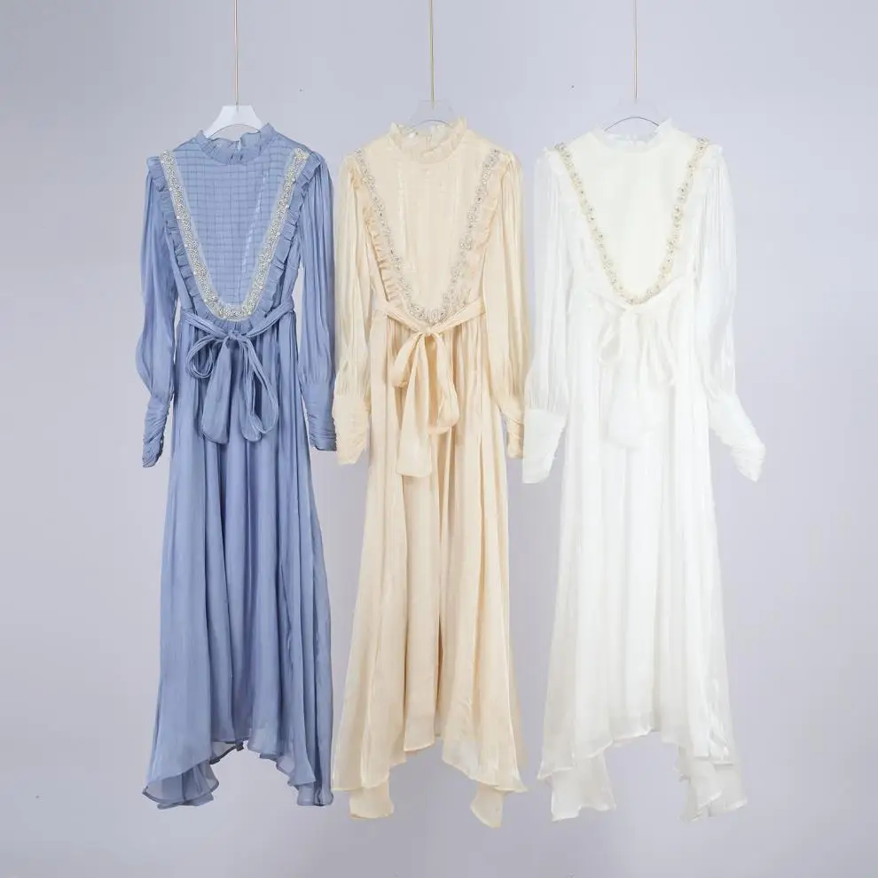 Nuova estate francese lusso diamanti brillanti catena nappe pieghettate abito da ballo donna qualità manica lunga festa da sera Vestido