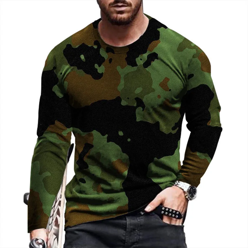 Loose Casual Men\'s Camo Pattern T-Shirts Autumn Long Sleeve Round-Neck 3D Print Sporty Workout Man\'s Tops Tees 6XL Plus Size