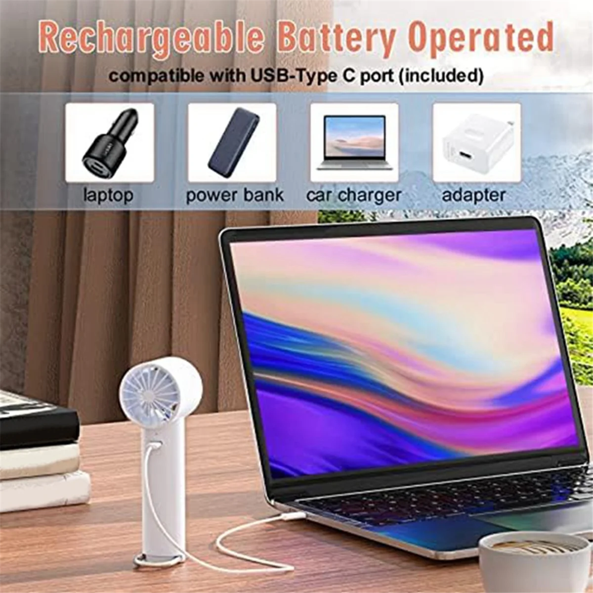 Мини-вентилятор Ручной вентилятор, Мини-портативный вентилятор с 3 скоростями, Ультра тихий, Персональный вентилятор с перезаряжаемой батареей через USB A