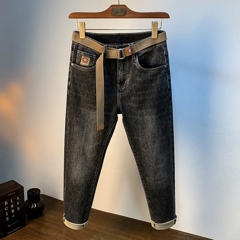 High-end jeans for men 2024 Autumn New elastic casual pencil pants denim black gray belt style skinny pants