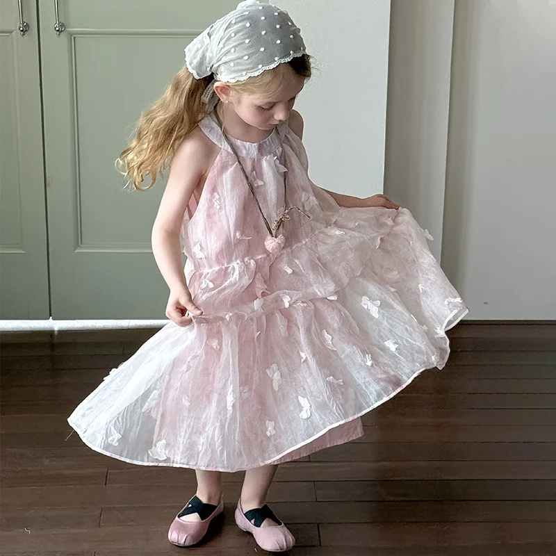 

2026 New Summer Girls Halter Neck Dress Elegant High Waist Lace Up Long Dress Fashion Vacation Beach Party Boho Dress For Kids
