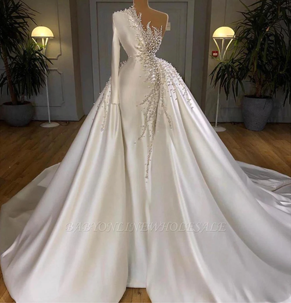 One Shoulder Pearls Crystal Wedding Dresses Women Luxury Satin Beading Bridal Gown Formal Occasion Evening Vestido De Novia