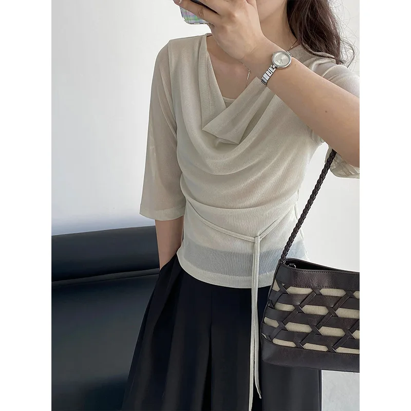 

Elegant Korean Style Women's Soft Half Sleeve T-Shirt Female Top Tees Comfortable Blend Fabric Waist-Cinching Summer Shirt