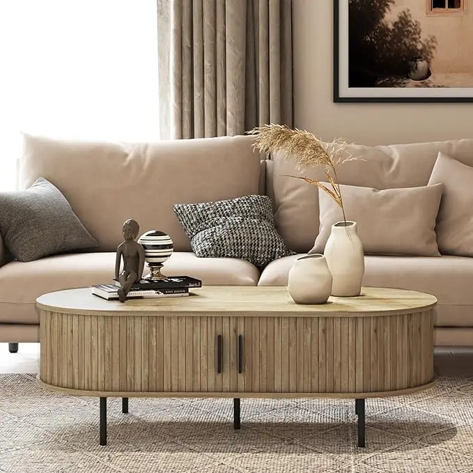 Coffee Table with Storage, Wood Coffee Table with Slatted Sliding Door, 47